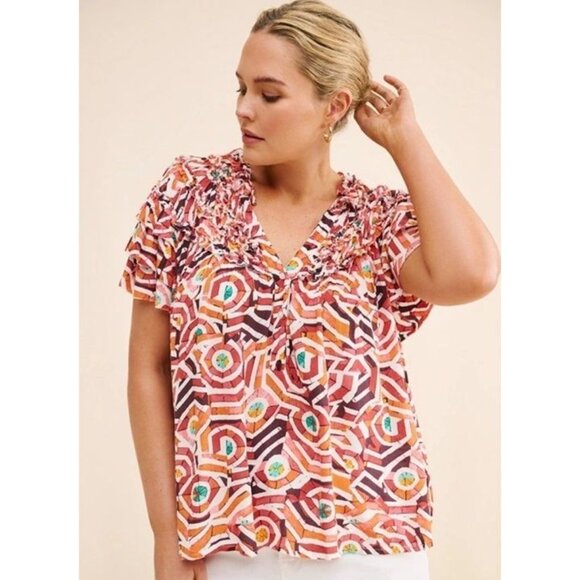 Maeve Anthropologie Short Sleeve Ruffle Yoke Blouse Shirt Top Womens Size Large - Picture 11 of 11